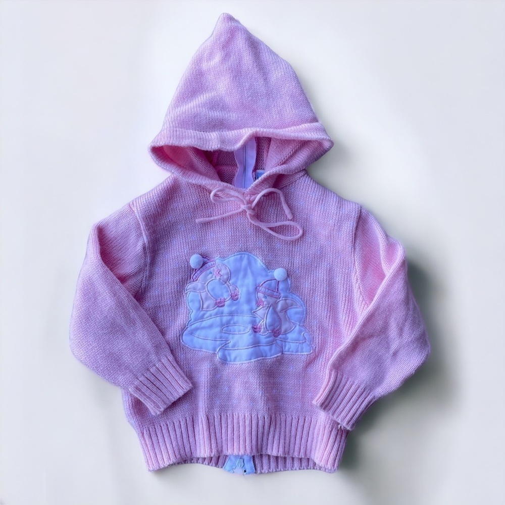 Vintage ✨ Babycrest pink w/penguins 100% acrylic hooded zip up sweater size 18 M